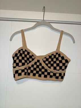 Etcetera Beige and Black Checker Knit Crop Top